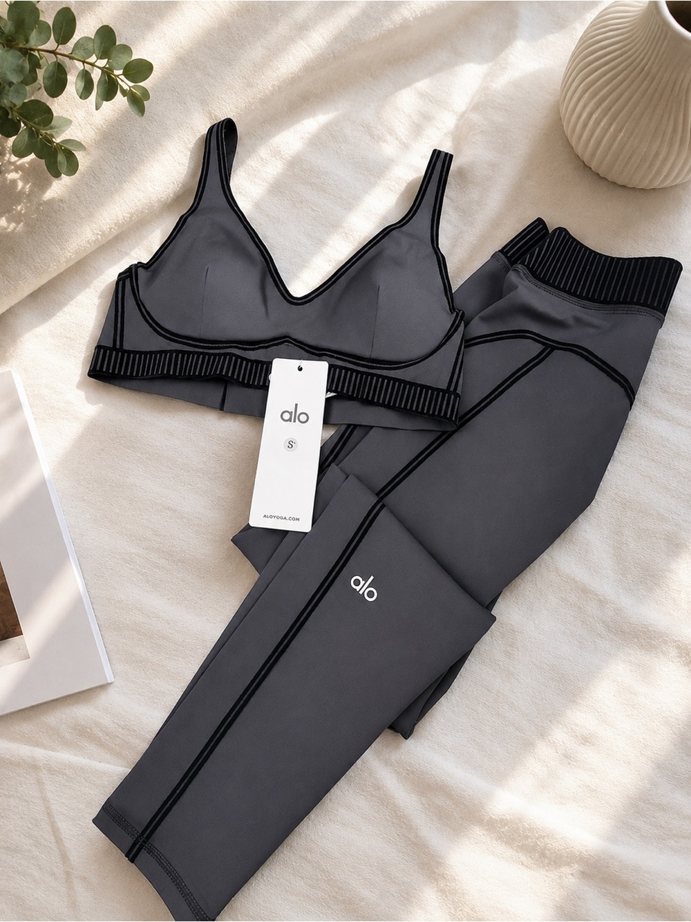 ALO Yoga Black Seam-Trim Bralette & Legging Set